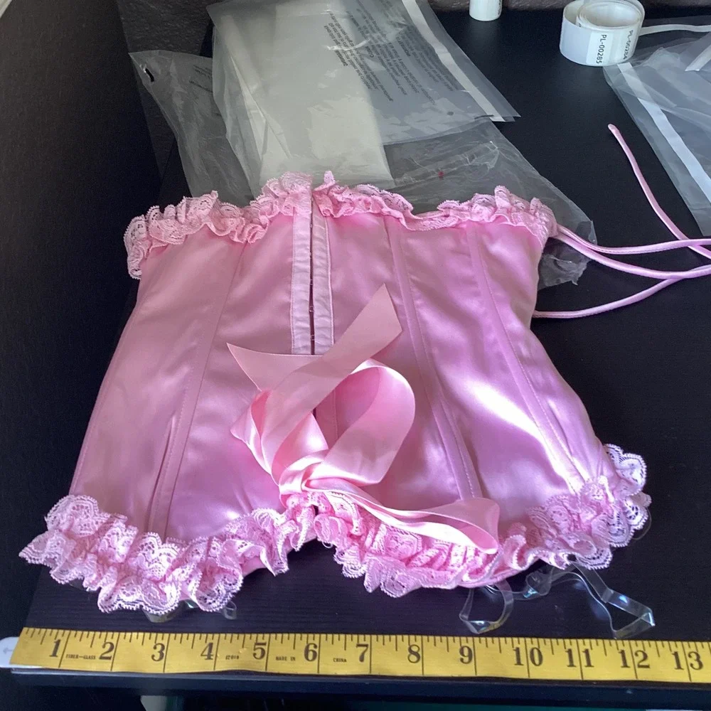 Windsor Women Y2K Pink Satin Coquette Lace Up Ruffle Corset Top Small Festival - Picture 5 of 8